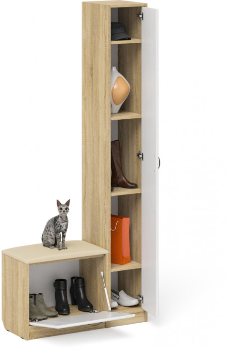 Прихожая П-6 Компоновка № 19, дуб сонома/фасады МДФ белое дерево фрезеровка ромб