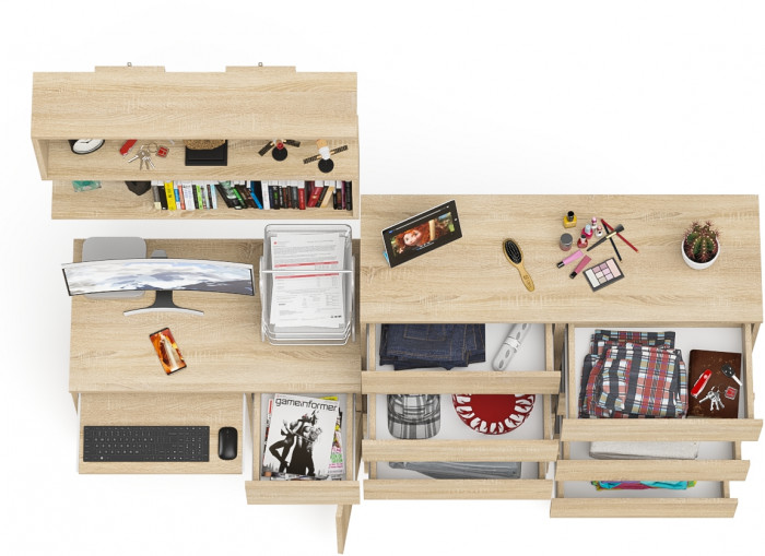 Мори компьютерный стол МС-1 правый + Комод МК1200.10 + Полка 900, дуб сонома