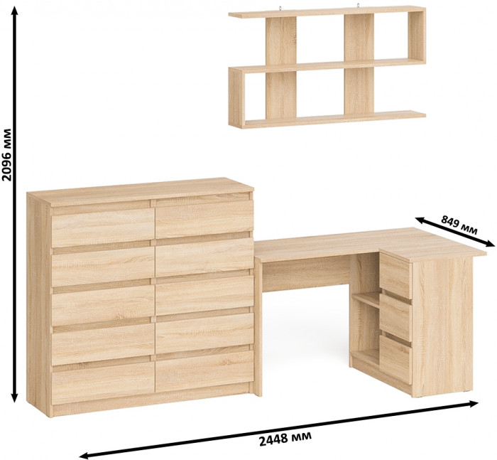 Мори компьютерный стол МС-16 правый + Комод МК1200.10 + Полка 1200, дуб сонома