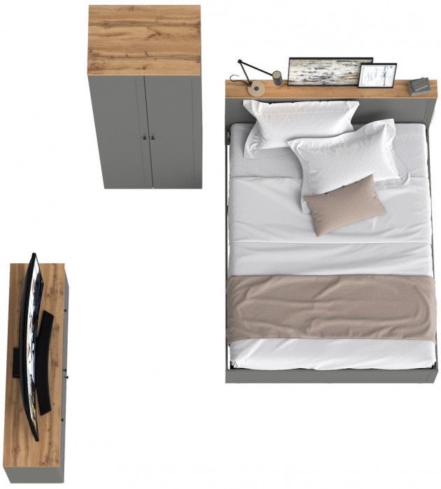 Остин 11.53 Кровать + ортопед + 13.336.02 Шкаф для одежды + 16.47 Тумба под ТВ, серый графит/дуб крафт золотой