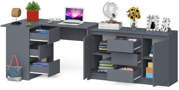 Мори Стол компьютерный МС-16 левый + Комод МК1200.3, цвет графит, ШхГхВ 244,8х84,9х76,6 см., выдвижные ящики слева, НЕ универсальная сборка