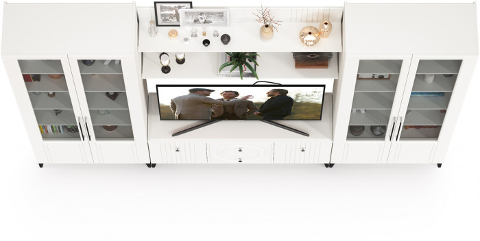 Валенсия Гостиная № 065, цвет ЛДСП белый шагрень/МДФ белый шагрень, ШхГхВ 301,3х38,3х225,2 см., ниша для ТВ 133х38х117 см.