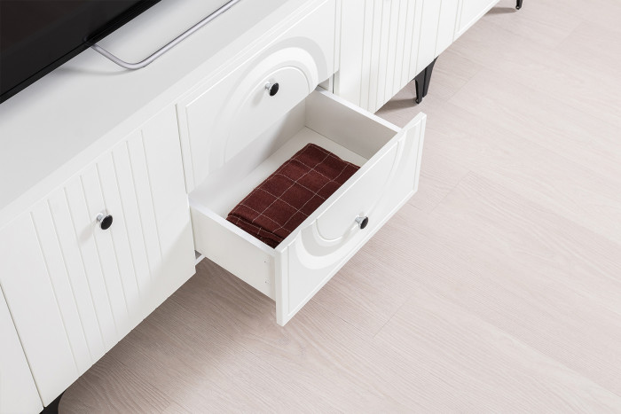 Валенсия Гостиная № 065, цвет ЛДСП белый шагрень/МДФ белый шагрень, ШхГхВ 301,3х38,3х225,2 см., ниша для ТВ 133х38х117 см.