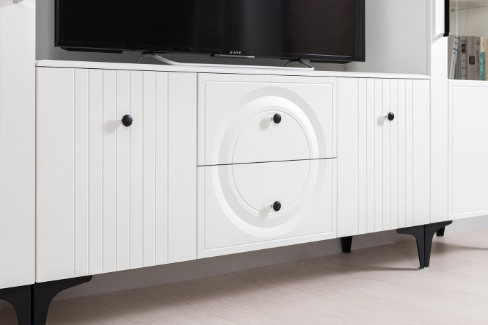 Валенсия Гостиная № 065, цвет ЛДСП белый шагрень/МДФ белый шагрень, ШхГхВ 301,3х38,3х225,2 см., ниша для ТВ 133х38х117 см.