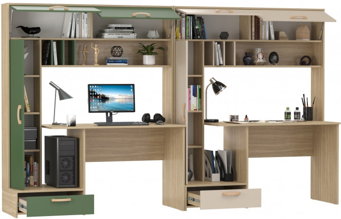 Два Стола письменных Лайт 03.243Н, цвет плэйн/дымчатый зелёный/плэйн/сатин, ШхГхВ 300,4х57,3х179,9 см., НЕ универсальная сборка