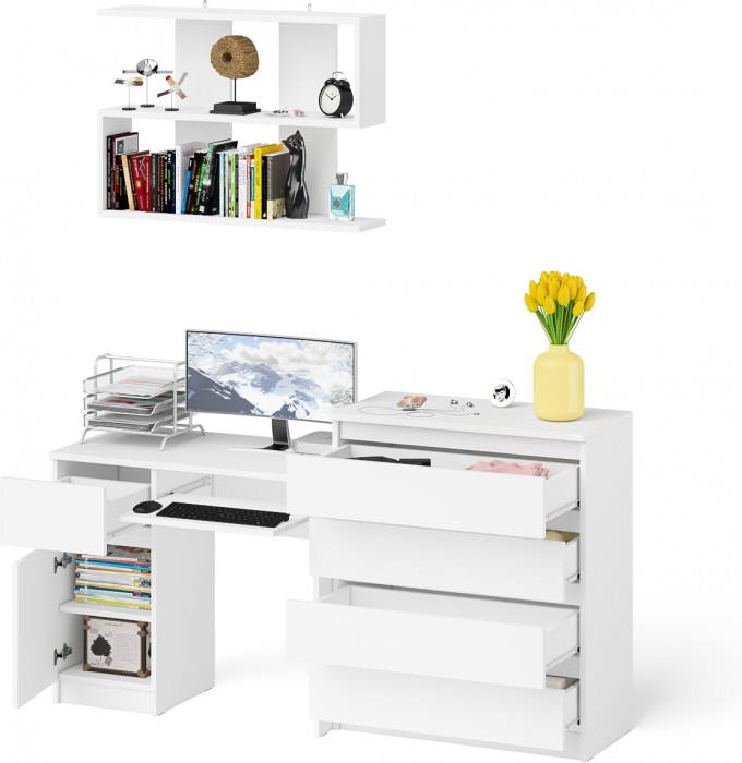 Мори компьютерный стол МС-1 левый + Комод МК800.4 + Полка 900, белый