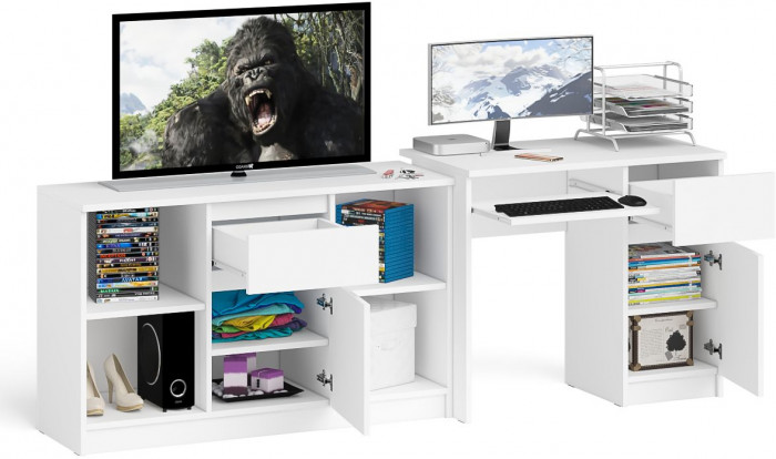 Мори Стол компьютерный МС-1 правый + Тумба МТВ1204.1, цвет белый, ШхГхВ 210,4х50х76,6 см., выдвижной ящик справа, НЕ универсальная сборка