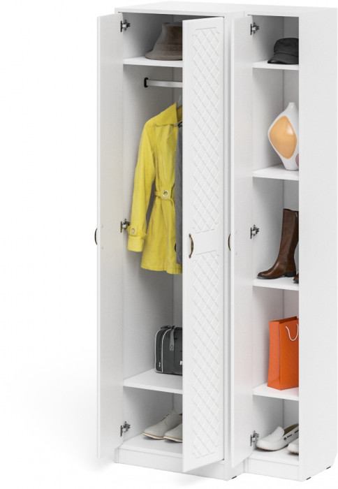 Прихожая П-6 Шкаф + Пенал, цвет белая шагрень/фасады МДФ белое дерево фрезеровка ромб, ШхГхВ 90х50х210 см., универсальная сборка