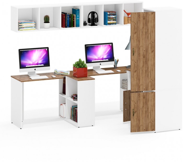 Лидер-8 Стол + Полка + Стол + Полка + Пенал МД 23Б + Тумба МД 3.19, белый шагрень/крафт золото