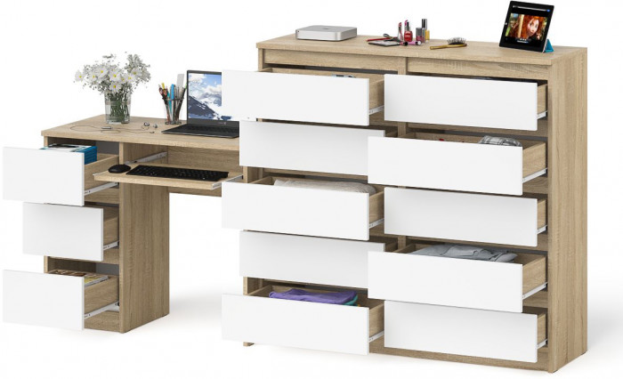 Мори компьютерный стол МС-6 левый + Комод МК1200.10, дуб сонома/белый