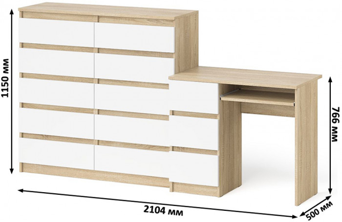 Мори компьютерный стол МС-6 левый + Комод МК1200.10, дуб сонома/белый