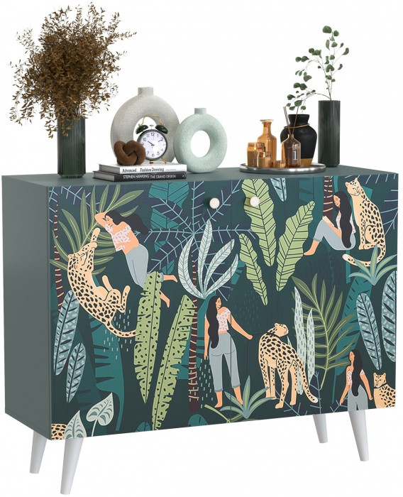 Либера Комод-тумба 16.230.01, цвет пасифай/белый, ШхГхВ 115,3х42,6х92,3 см., фасады с рисунком Тропический лес, две дверки