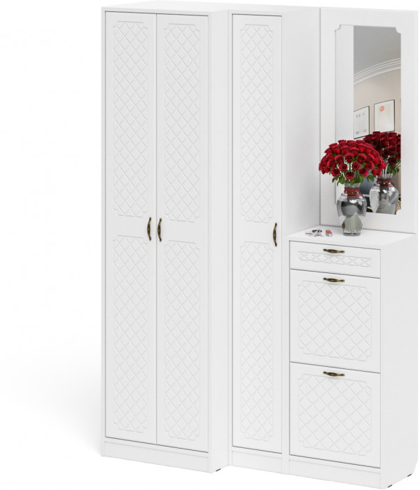 Прихожая П-6 Компоновка № 29, цвет белая шагрень/фасады МДФ белое дерево фрезеровка ромб, ШхГхВ 140х50х210 см., универсальная сборка