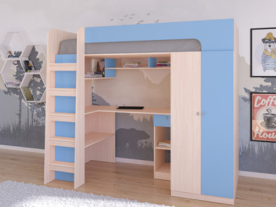 Кровать чердак Астра 10 Дуб молочный/Голубой