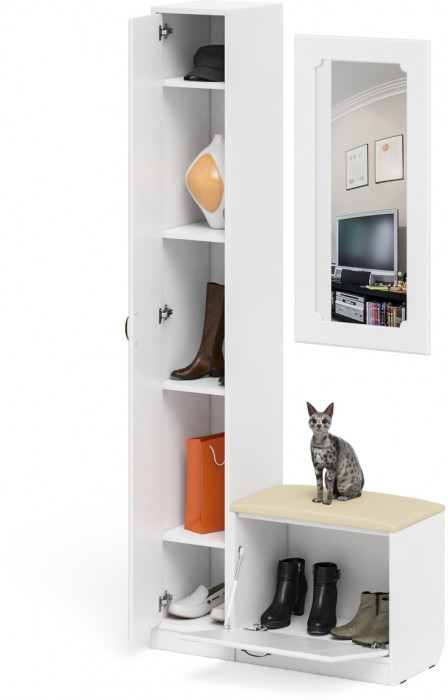 Прихожая П-6 Компоновка № 20, белая шагрень/фасады МДФ белое дерево фрезеровка ромб