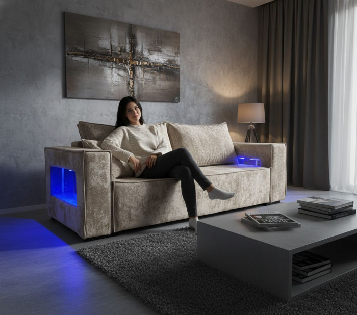 Диван-кровать Лофт Люкс Плюш с подсветкой, еврокнижка, независимый пружинный блок, 140х195, бежевый