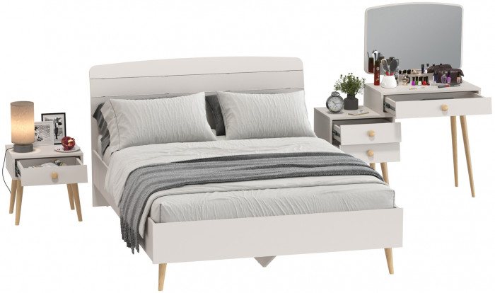 Афина Спальня Кровать 1400 + Трюмо + Тумба, кашемир серый