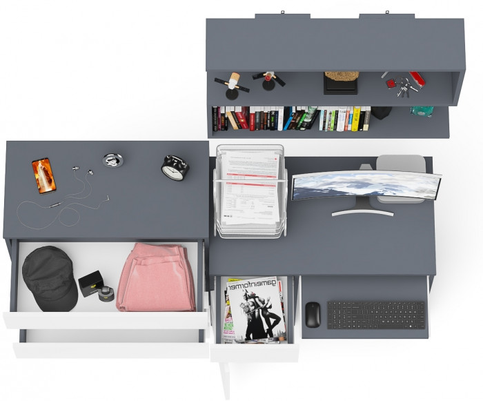 Мори компьютерный стол МС-1 левый + Комод МК800.4 + Полка 900, графит/белый