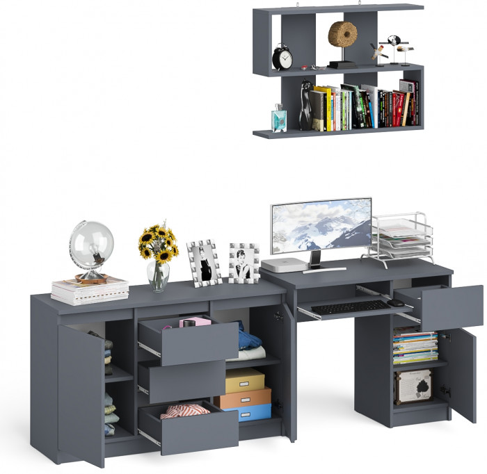 Мори компьютерный стол МС-1 правый + Комод МК1200.3 + Полка 900, графит