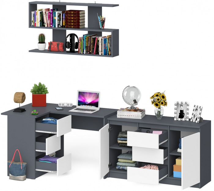 Мори компьютерный стол МС-16 левый + Комод МК1200.3 + Полка 1200, графит/белый