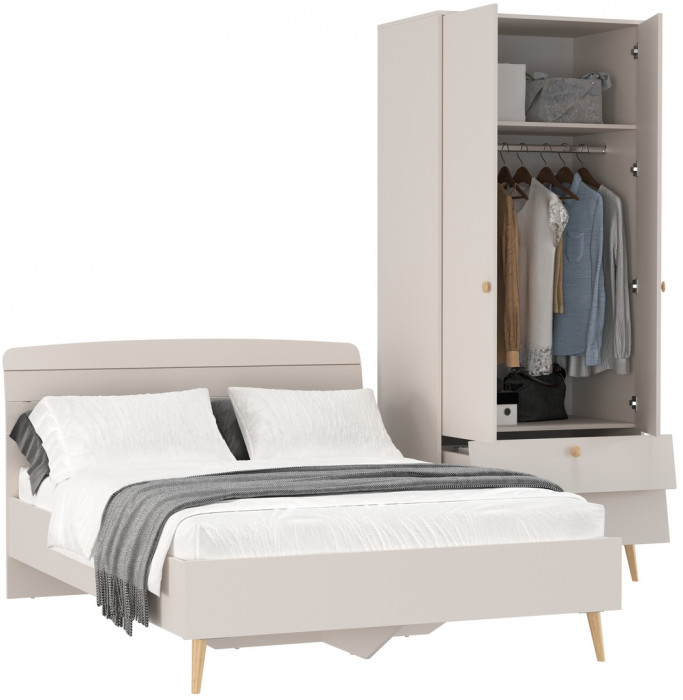 Афина Спальня Кровать 1400 + Шкаф 2-х дверный, цвет кашемир серый, ШхГхВ 144,6х210,2х95,7 + 90,3х56,3х220 см., сп.м. 1400х2000 мм., б/м, осн. есть