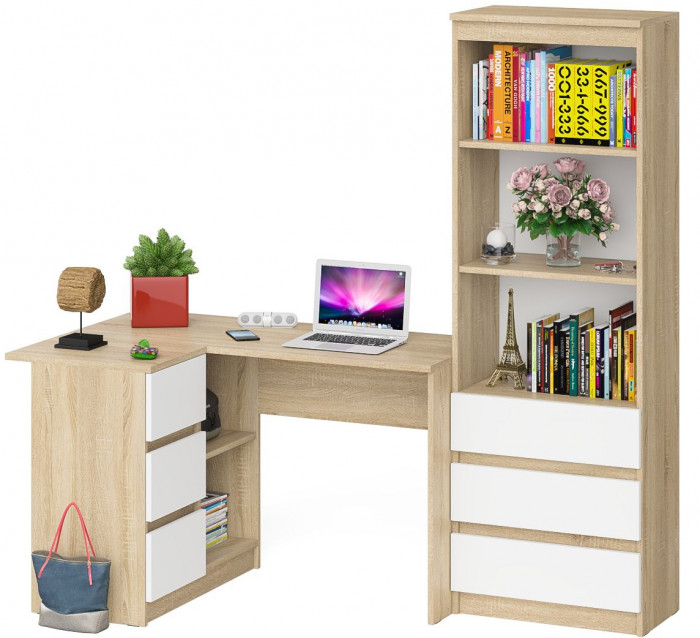 Мори компьютерный стол МС-16 левый + Стеллаж МСТ600.3, дуб сонома/белый