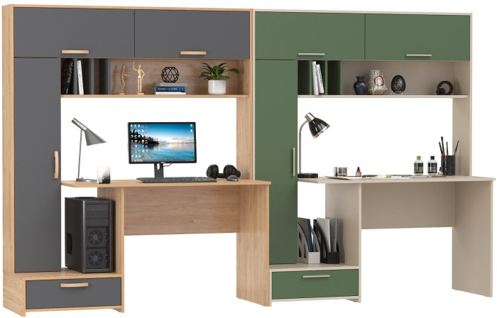 Два Стола письменных Лайт 03.243Н, цвет гикори рокфорд натуральный/тёмно-серый/сатин/дымчатый зелёный, ШхГхВ 300,4х57,3х179,9 см., НЕ универс. сборка