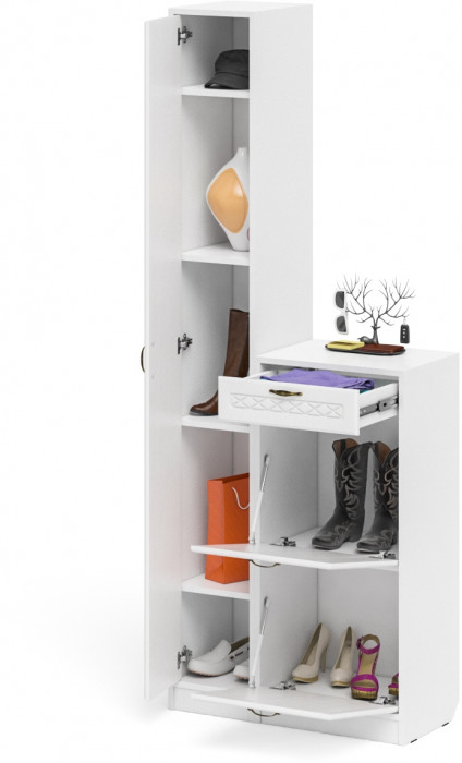 Прихожая П-6 Компоновка № 22, цвет белая шагрень/фасады МДФ белое дерево фрезеровка ромб, ШхГхВ 80х35х210 см., универсальная сборка