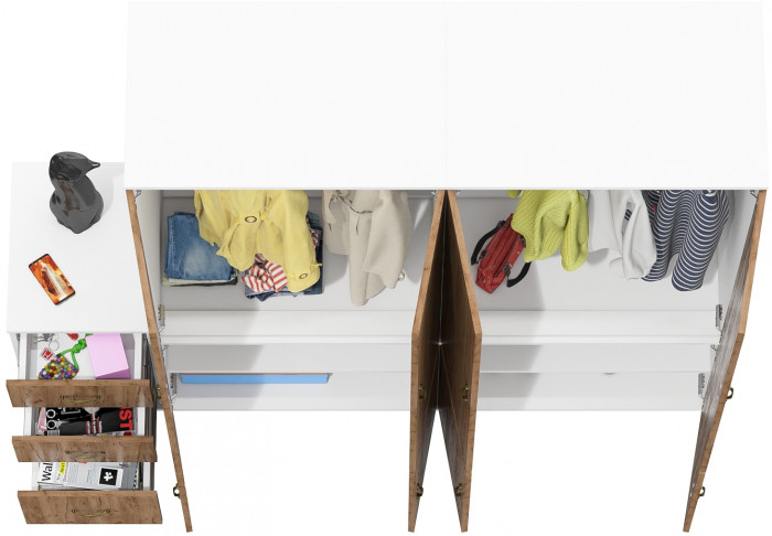 Лидер-8 Шкаф МД 19Б + Шкаф МД 19Б + Тумба МД 3.16, цвет белый шагрень/крафт золото, ШхГхВ 200х50х190 см., универсальная сборка