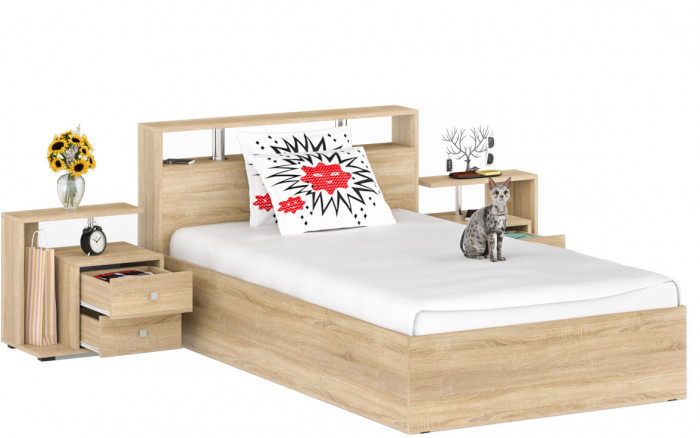 Камелия Кровать 1400 + две тумбы, дуб сонома