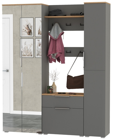 Октава Прихожая 15-123Н, цвет серый графит/дуб крафт золотой/фасады МДФ серый графит, ШхГхВ 161,5х35,4х197,6 см., универсальная сборка