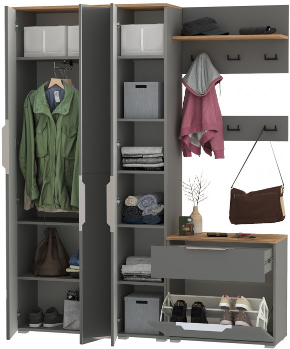 Октава Прихожая 15-123Н, цвет серый графит/дуб крафт золотой/фасады МДФ серый графит, ШхГхВ 161,5х35,4х197,6 см., универсальная сборка