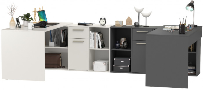 Два Стола письменных Лайт 03.245, цвет белый шагрень/тёмно-серый, ШхГхВ 342,9х136х75,2 см.(угловой) или 407,2х60х75,2 см.(прямой), универс. сборка