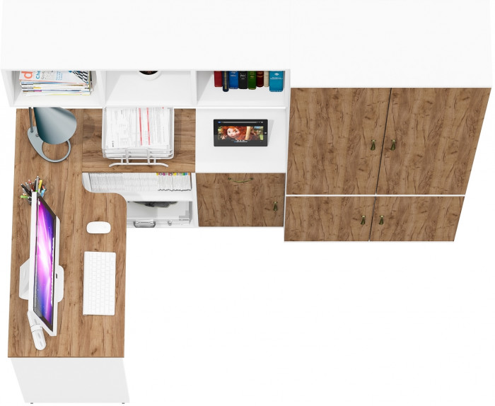 Лидер-8 Стол + Полка + Тумба МД 3.15 + Шкаф МД 20Б, цвет белый шагрень/крафт золото, ШхГхВ 285х50/37,5х75/190 или 115х200/50х75/190 см., НЕ ун. сб.