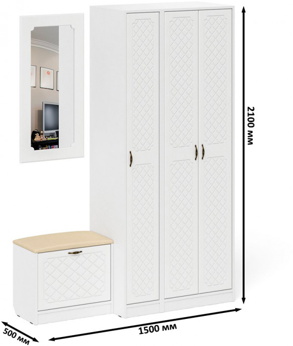 Прихожая П-6 Компоновка № 46, белая шагрень/фасады МДФ белое дерево фрезеровка ромб