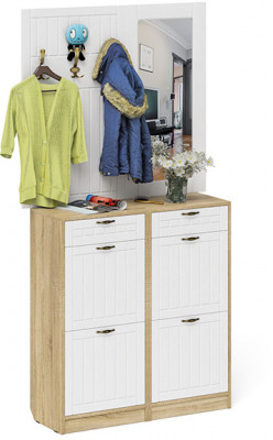 Прихожая П-6 Компоновка № 05, цвет дуб сонома/фасады МДФ белое дерево фрезеровка прованс, ШхГхВ 110х35х200 см.