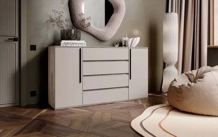 Норд Комод 2 двери 4 ящика 1600, Крафт серый/Кашемир