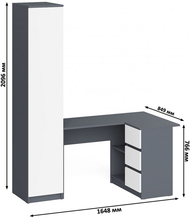 Мори компьютерный стол МС-16 правый + Пенал МШ400.1, графит/белый