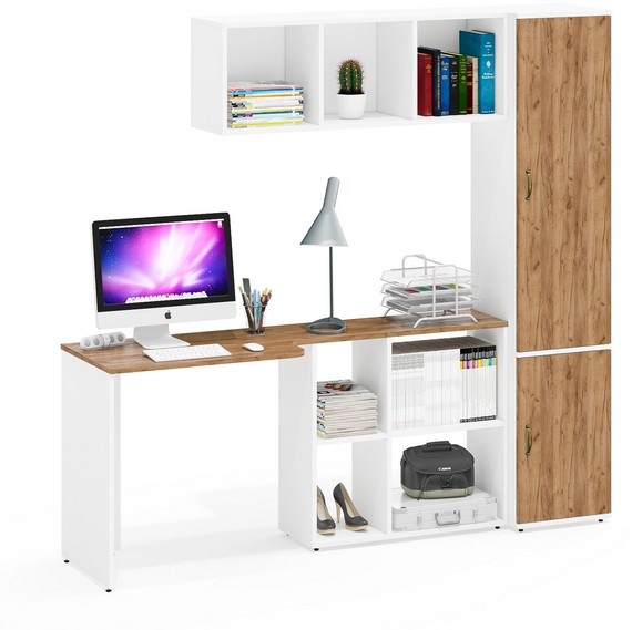 Лидер-8 Стол + Полка + Пенал МД 22Б, цвет белый шагрень/крафт золото, ШхГхВ 205х50/37,5х75/190 или 115х50/120х75/190 см., НЕ универсальная сборка