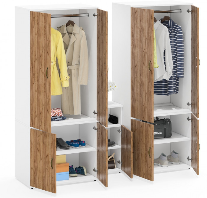 Лидер-8 Шкаф МД 19Б + Шкаф МД 19Б + Тумба МД 3.19, цвет белый шагрень/крафт золото, ШхГхВ 200х50х190 см., универсальная сборка