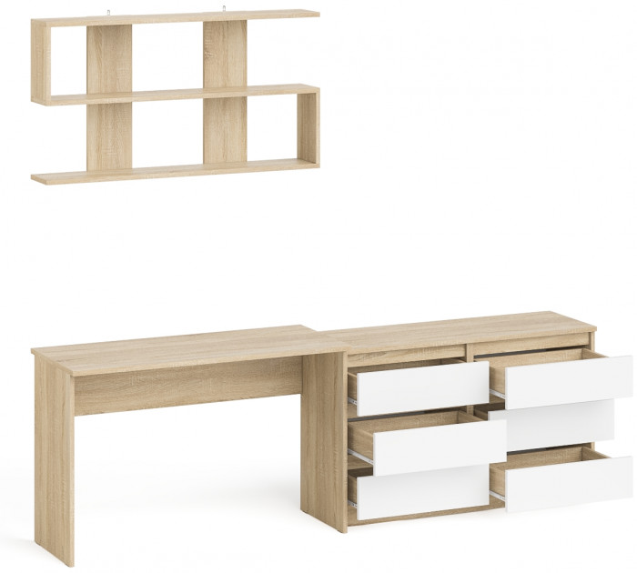 Мори Стол письменный МСП1200.1 + Комод МК1200.6 + Полка 1200, цвет дуб сонома/белый, ШхГхВ 240,8х50х209,6 см., универсальная сборка