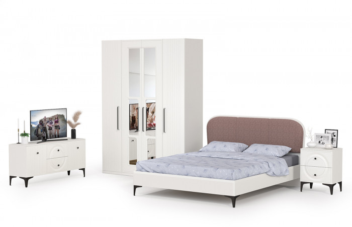 Валенсия Спальня № 44, цвет ЛДСП белый шагрень/МДФ белый шагрень/ткань велутто 19, ортопед есть, сп. м. 1600х2000 мм., б/м