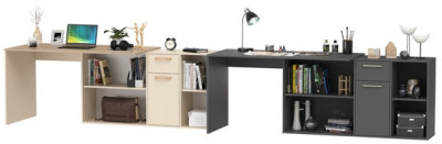 Два Стола письменных Лайт 03.245, цвет сатин/дуб эндгрейн элегантный/тёмно-серый, ШхГхВ 342,9х136х75,2 см.(угл.) или 407,2х68х75,2 см.(пр.), ун. сб.