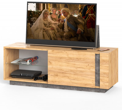 КР100 ??? Арчи Тумба 10.85, цвет дуб крафт золотой/камень тёмный, ШхГхВ 130х41,3х46,1 см., подсветка за стеклом по торцу полки, универсальная сборка