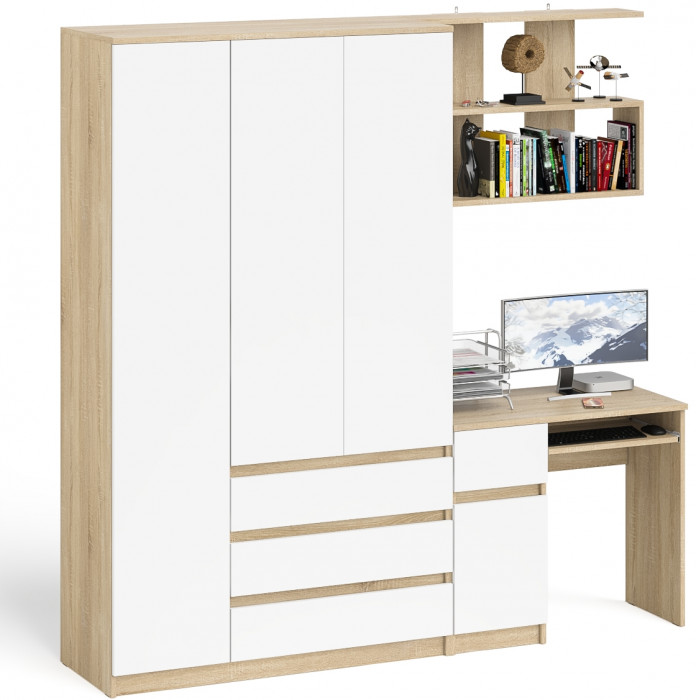 Мори Стол компьютерный МС-1 левый + Шкаф МШ1200.1 + Полка 900, цвет дуб сонома/белый, ШхГхВ 210,4х50,4х209,6 см., НЕ универсальная сборка