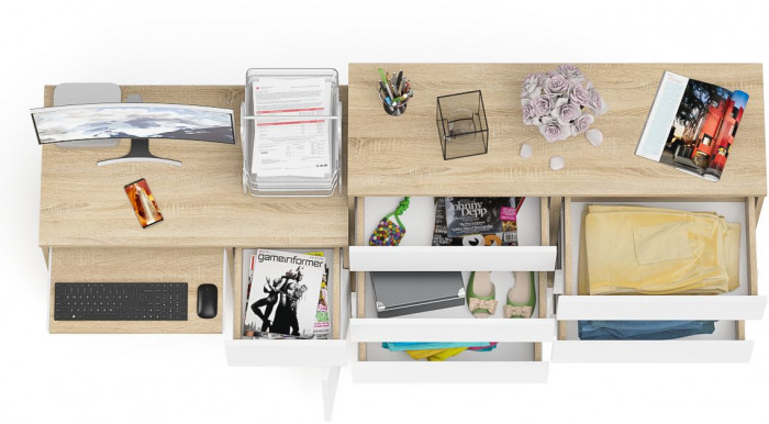 Мори Стол компьютерный МС-1 правый + Комод МК1200.8, цвет дуб сонома/белый, ШхГхВ 210,4х50х94 см., выдвижной ящик справа, НЕ универсальная сборка