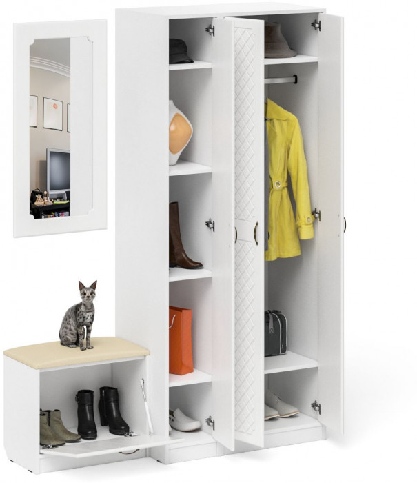 Прихожая П-6 Компоновка № 46, цвет белая шагрень/фасады МДФ белое дерево фрезеровка ромб, ШхГхВ 150х50х210 см., универсальная сборка