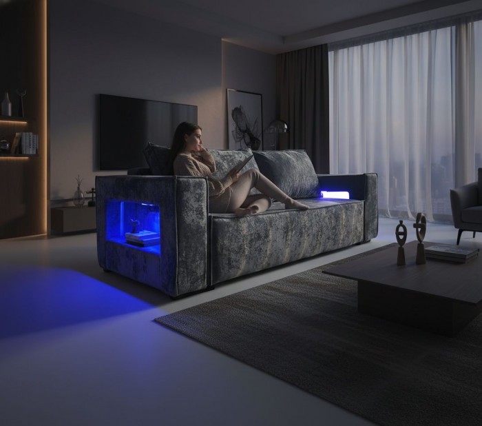 Диван-кровать Лофт Люкс Плюш с подсветкой, еврокнижка, 140х195, серый