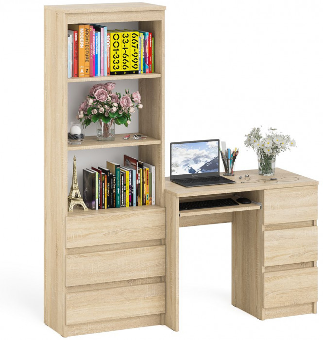 Мори компьютерный стол МС-6 правый + Стеллаж МСТ600.3, дуб сонома