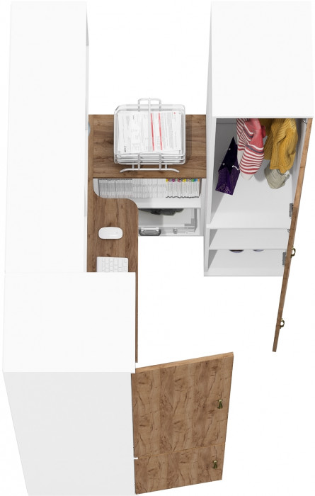 Лидер-8 Стол + Полка + Пенал МД 23Б + Пенал МД 23Б, цвет белый шагрень/крафт золото, ШхГхВ 245х50х75/190 или 115х160/50х75/190 см., НЕ ун. сборка